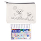 Pouch with coloring design of two dogs playing with a ball, containing DOMS watercolor pens.