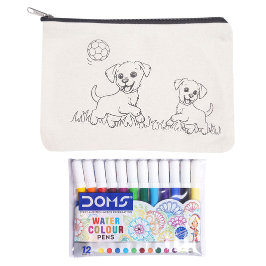 Pouch with coloring design of two dogs playing with a ball, containing DOMS watercolor pens.