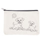 Canvas pouch with black line drawings of two dogs playing with a ball on a white background