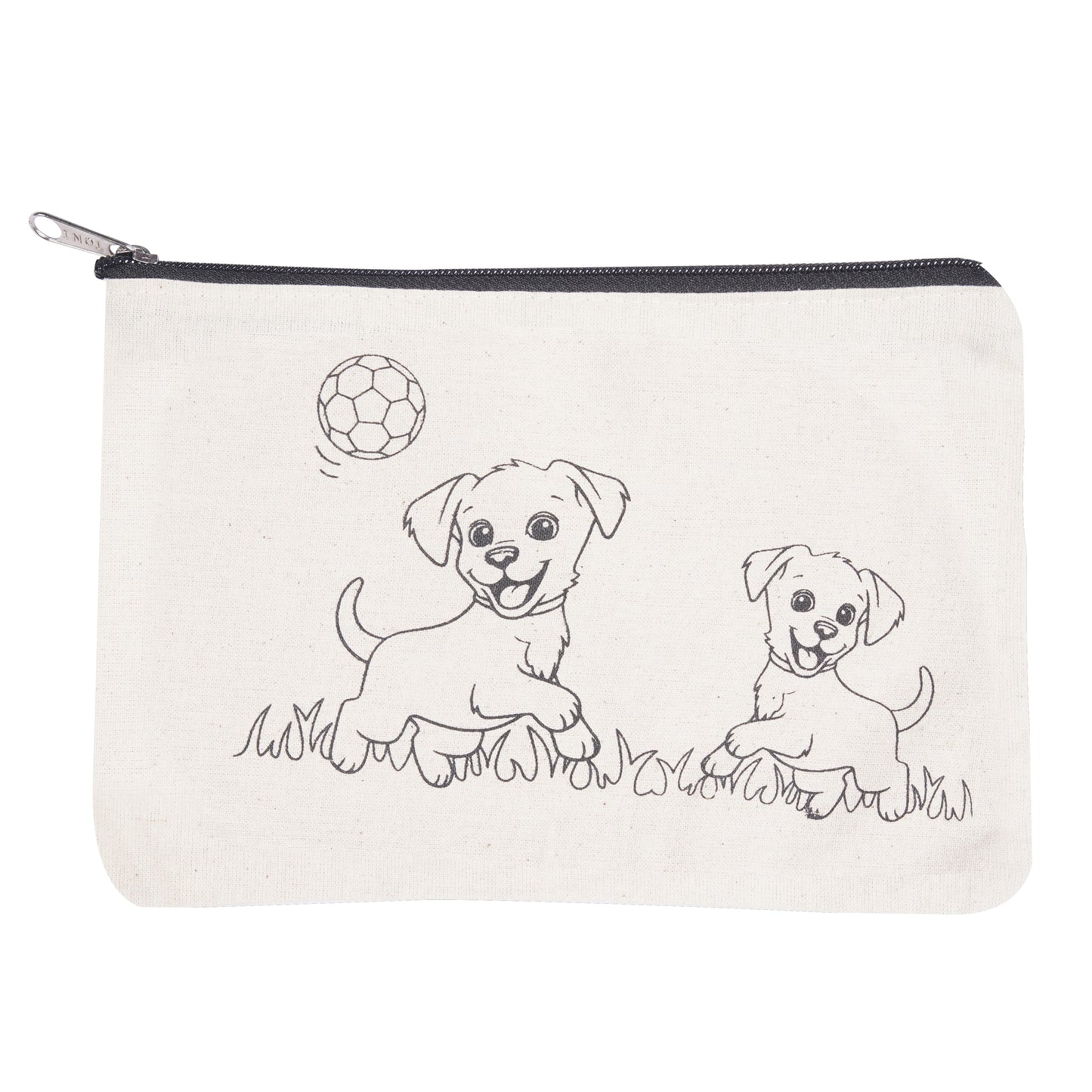 Canvas pouch with black line drawings of two dogs playing with a ball on a white background