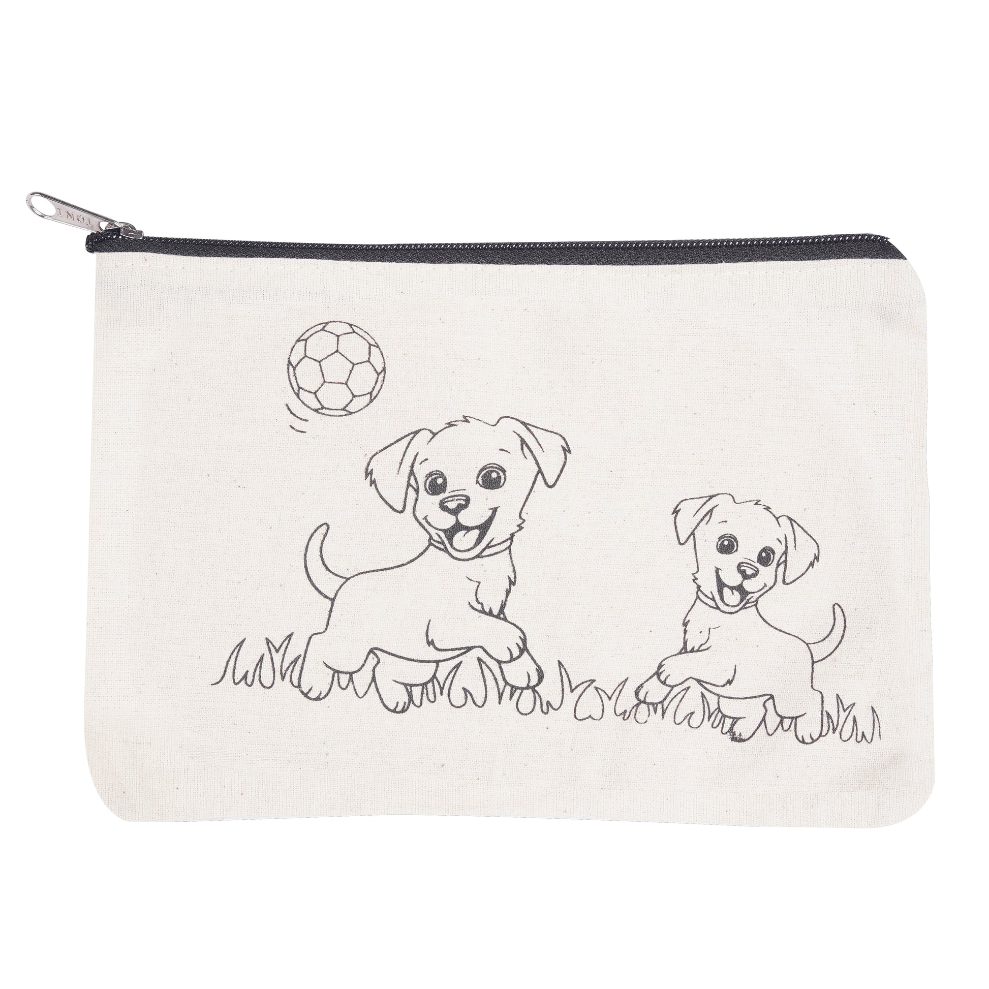 Canvas pouch with black line drawings of two dogs playing with a ball on a white background