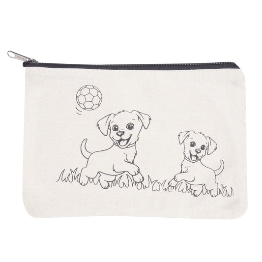 Canvas pouch with black line drawings of two dogs playing with a ball on a white background