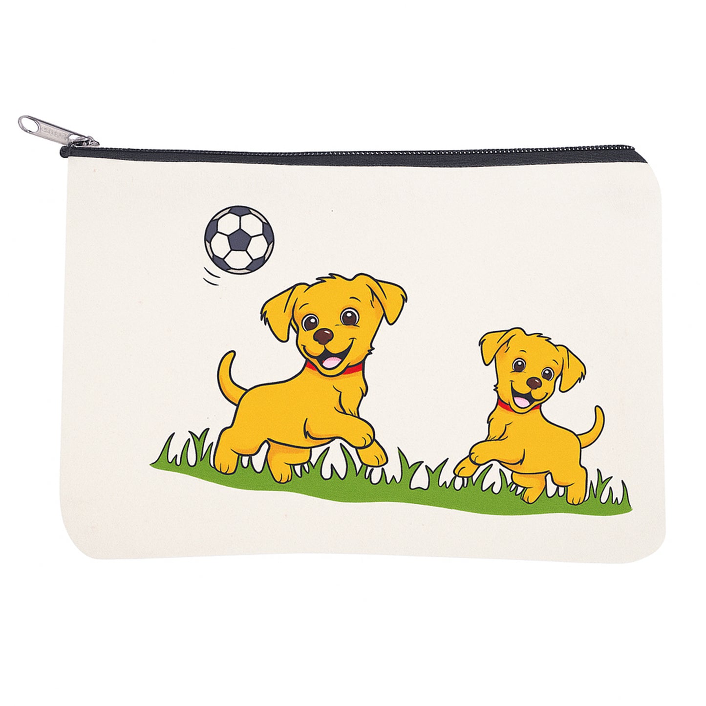 Pouch with cartoon dogs playing soccer on a grassy field.