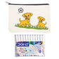 Pencil case with cartoon dogs and watercolor pens set on a white background