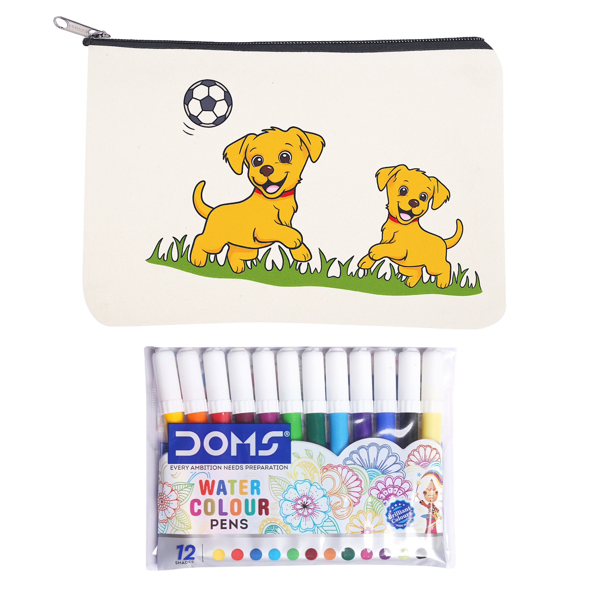 Pencil case with cartoon dogs and watercolor pens set on a white background