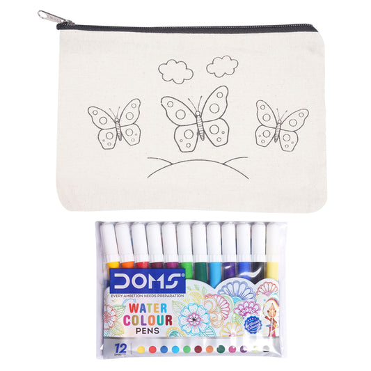 Canvas pouch with butterfly designs and DOMS watercolor pens on a white background