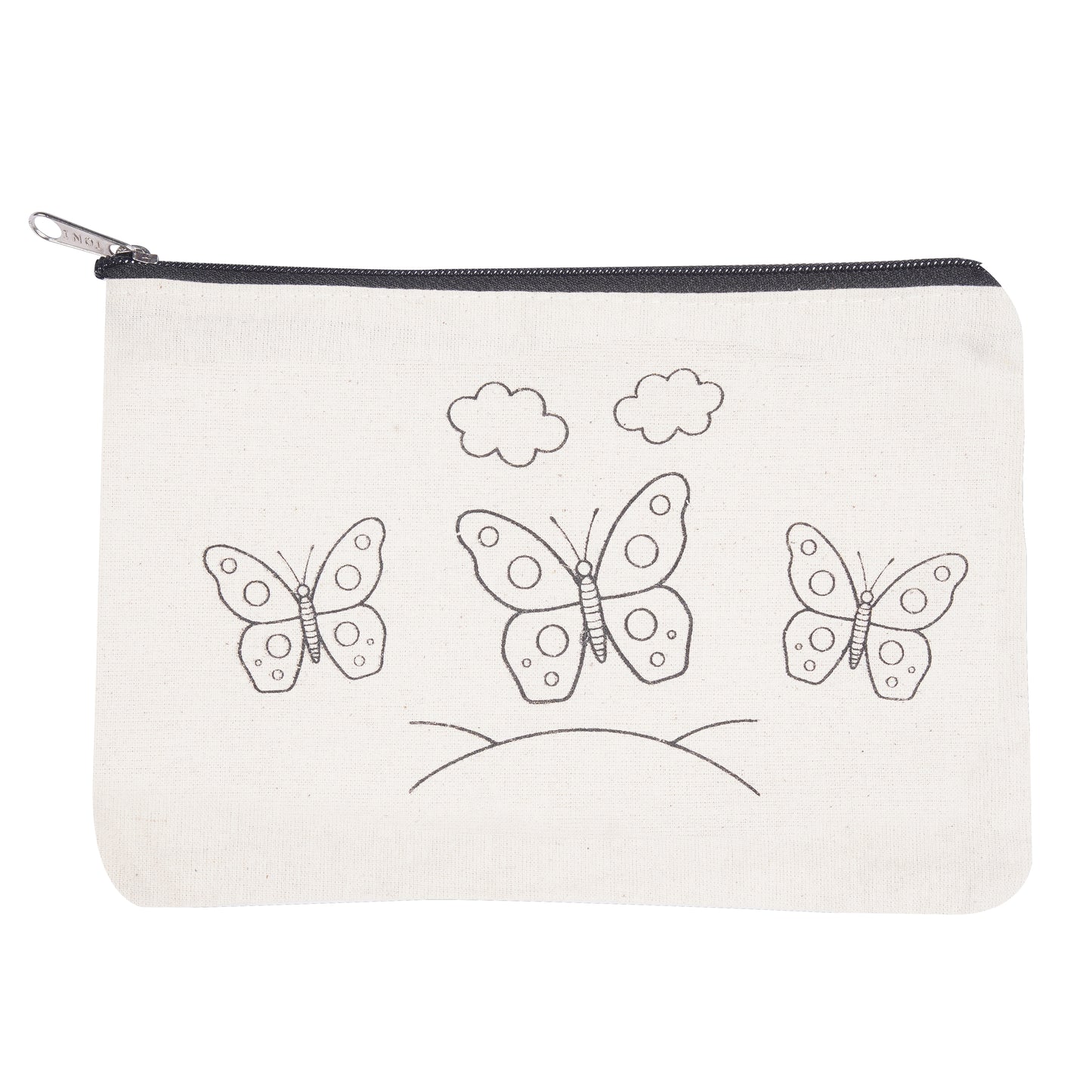 Canvas pouch with black butterfly illustrations on a white background