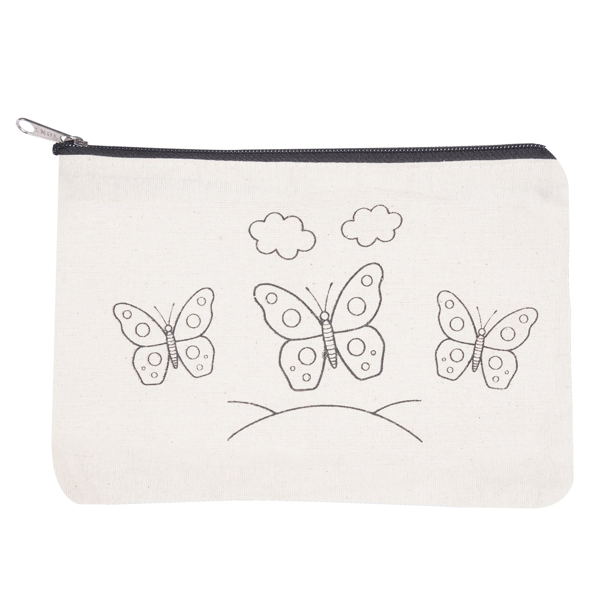 Canvas pouch with black butterfly illustrations on a white background