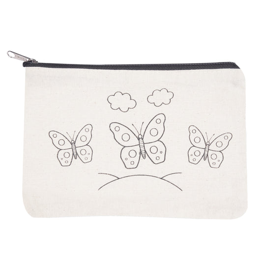 Canvas pouch with black butterfly illustrations on a white background