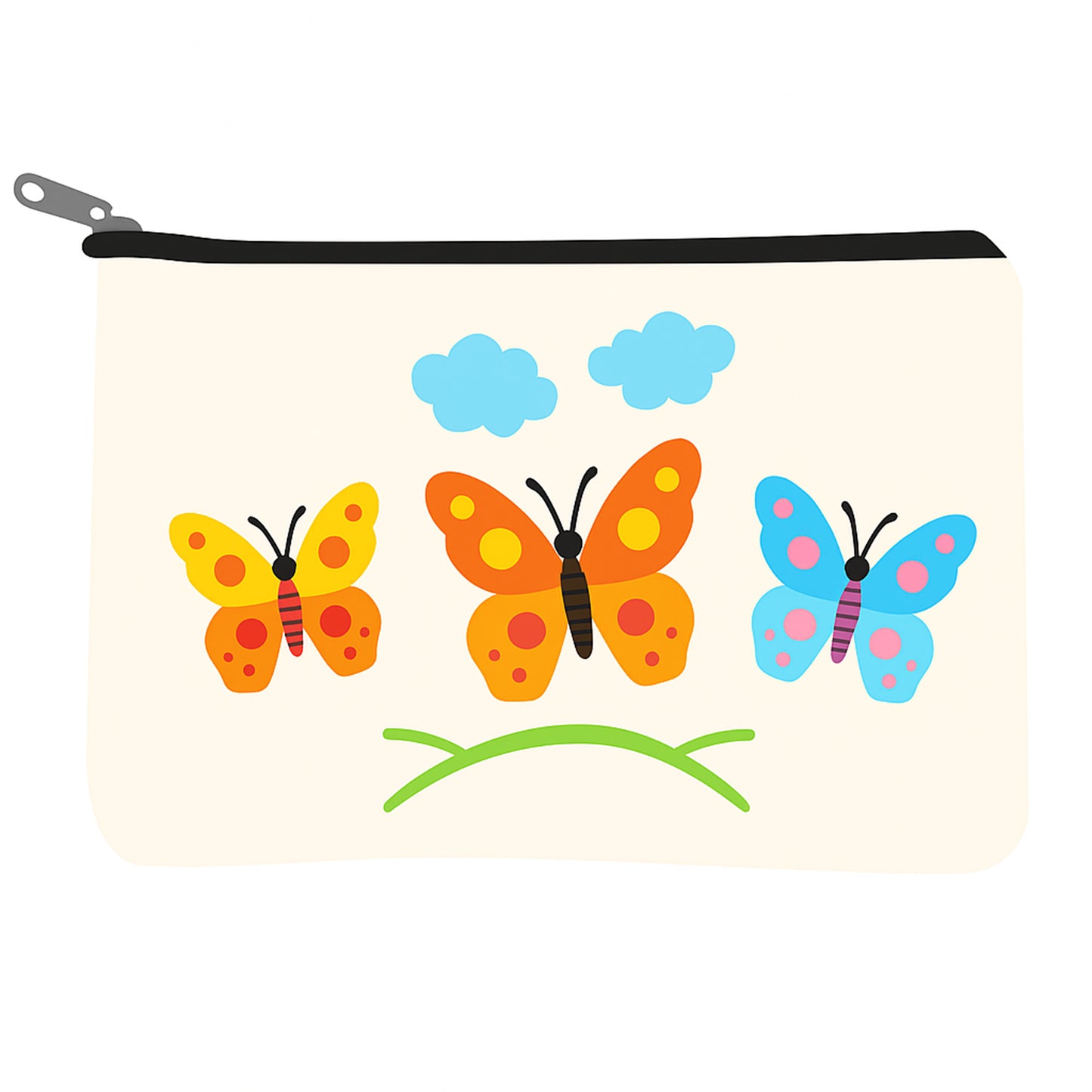 Canvas pouch with colorful butterfly designs on a white background