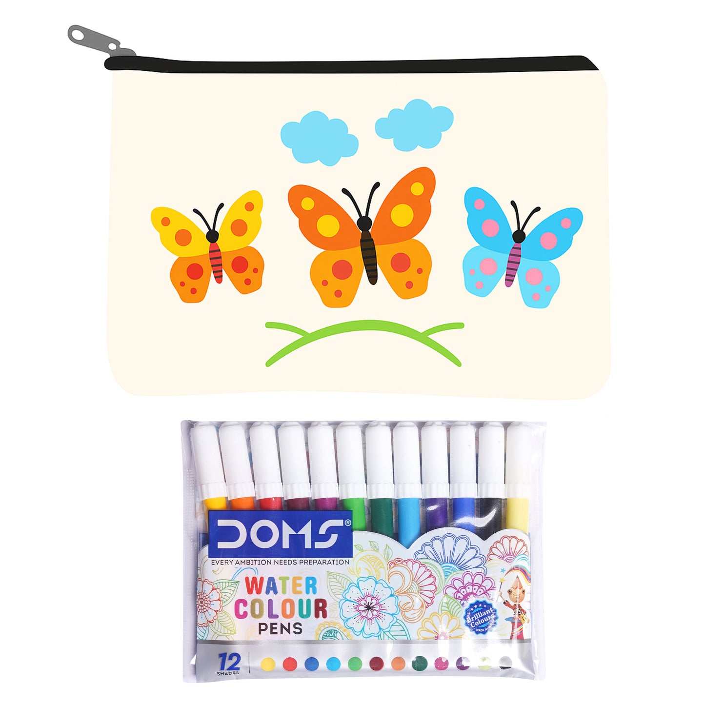 Pouch with butterfly design and pack of DOMS watercolor pens on a white background