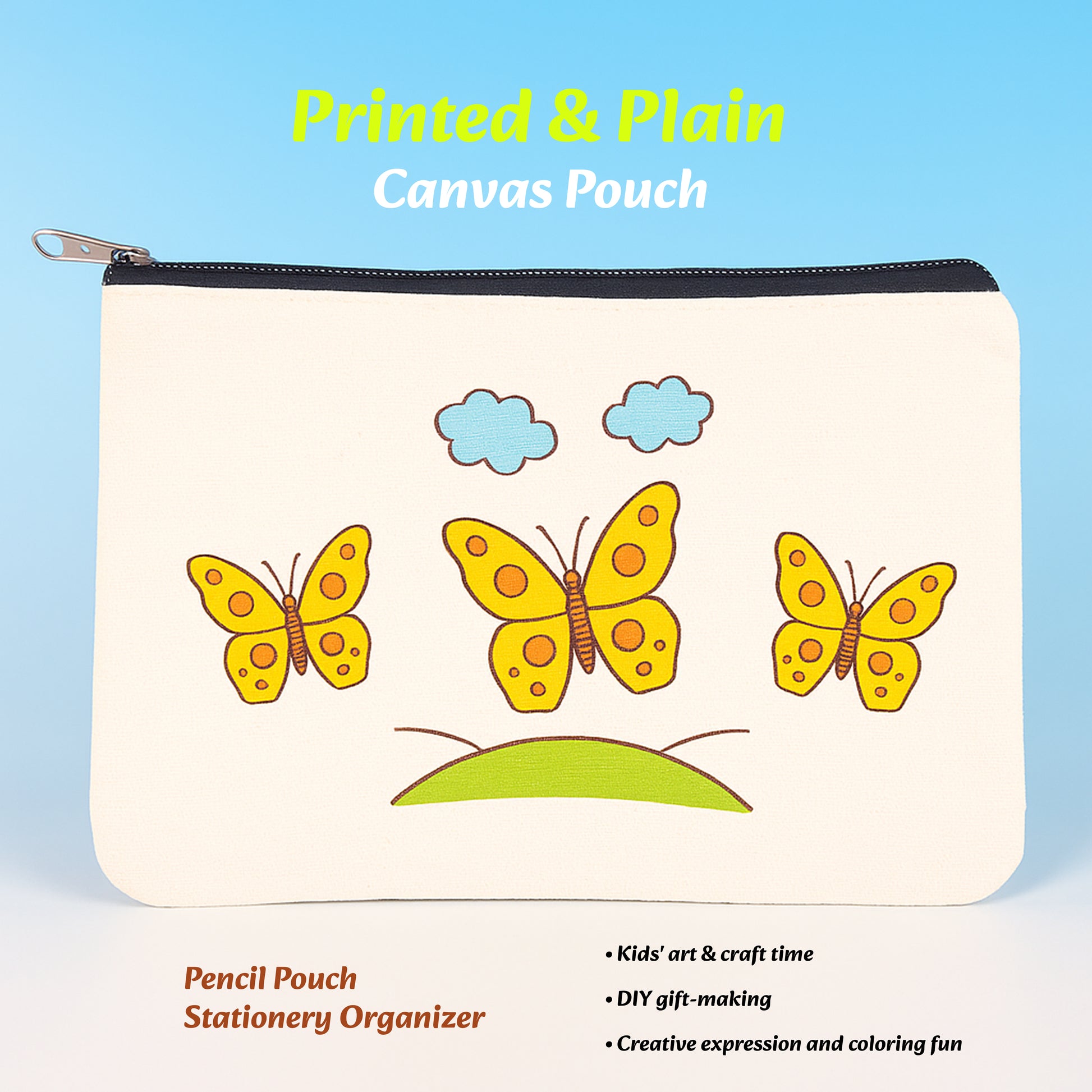 Canvas pouch with butterfly design on a blue background