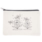 White pouch with black floral and bee designs on a white background