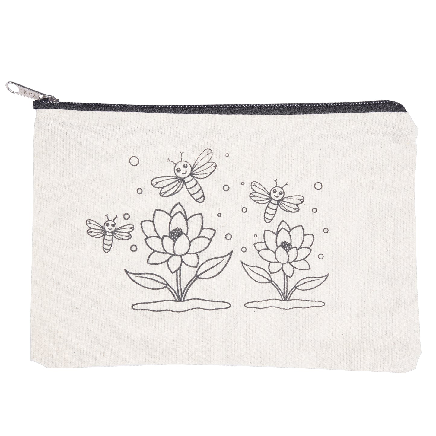 White pouch with black floral and bee designs on a white background