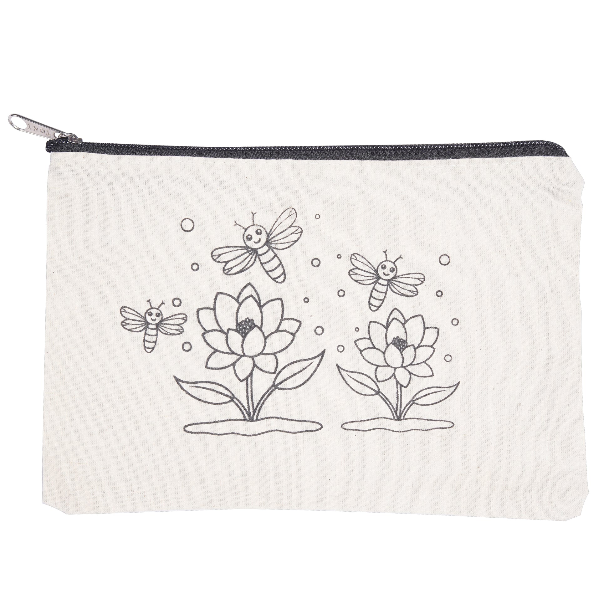 White pouch with black floral and bee designs on a white background