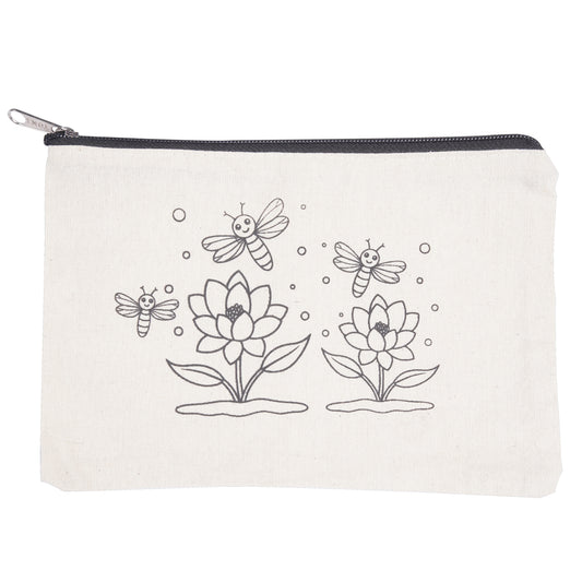 White pouch with black floral and bee designs on a white background