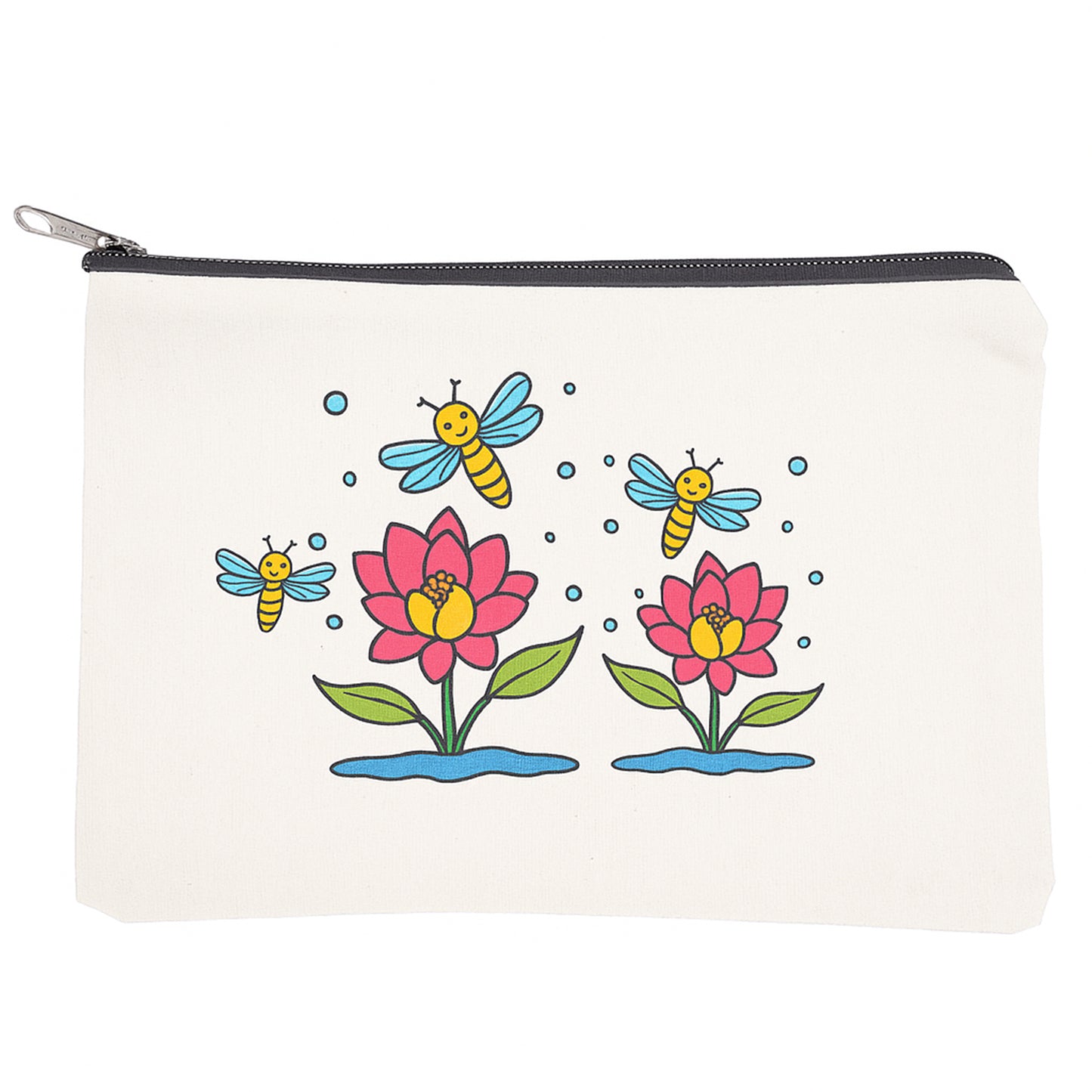 Pouch with bee and flower design on a white background
