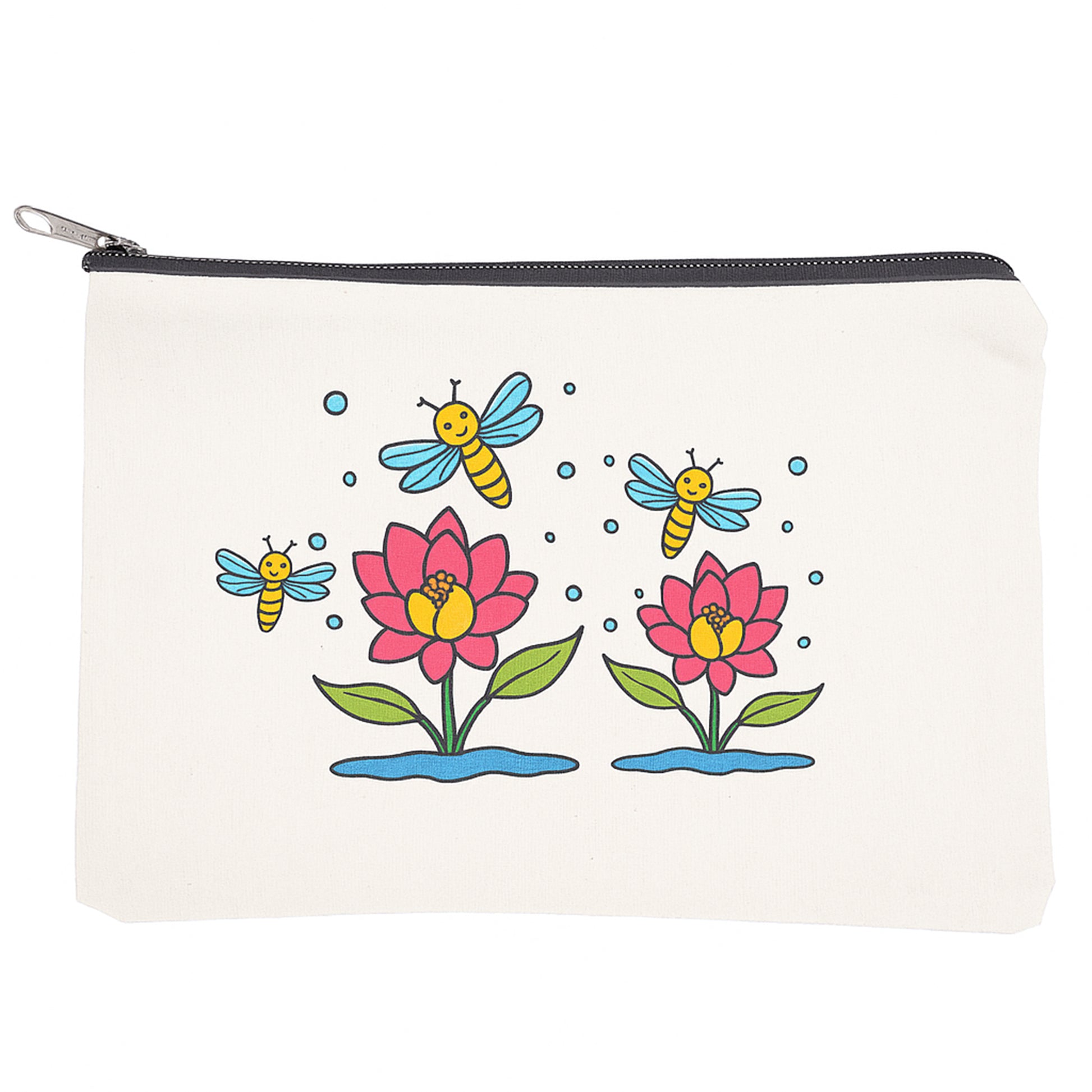 Pouch with bee and flower design on a white background
