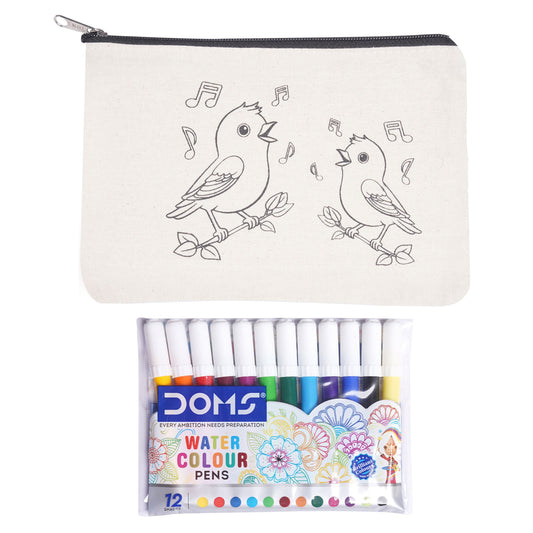 Pouch with coloring birds and a set of DOMS watercolor pens on a white background