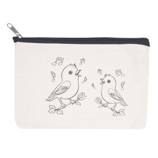Canvas pouch with black line art of birds and musical notes on a white background