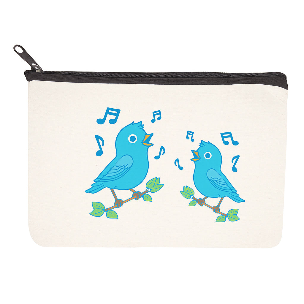 Canvas pouch with blue birds and musical notes on a white background