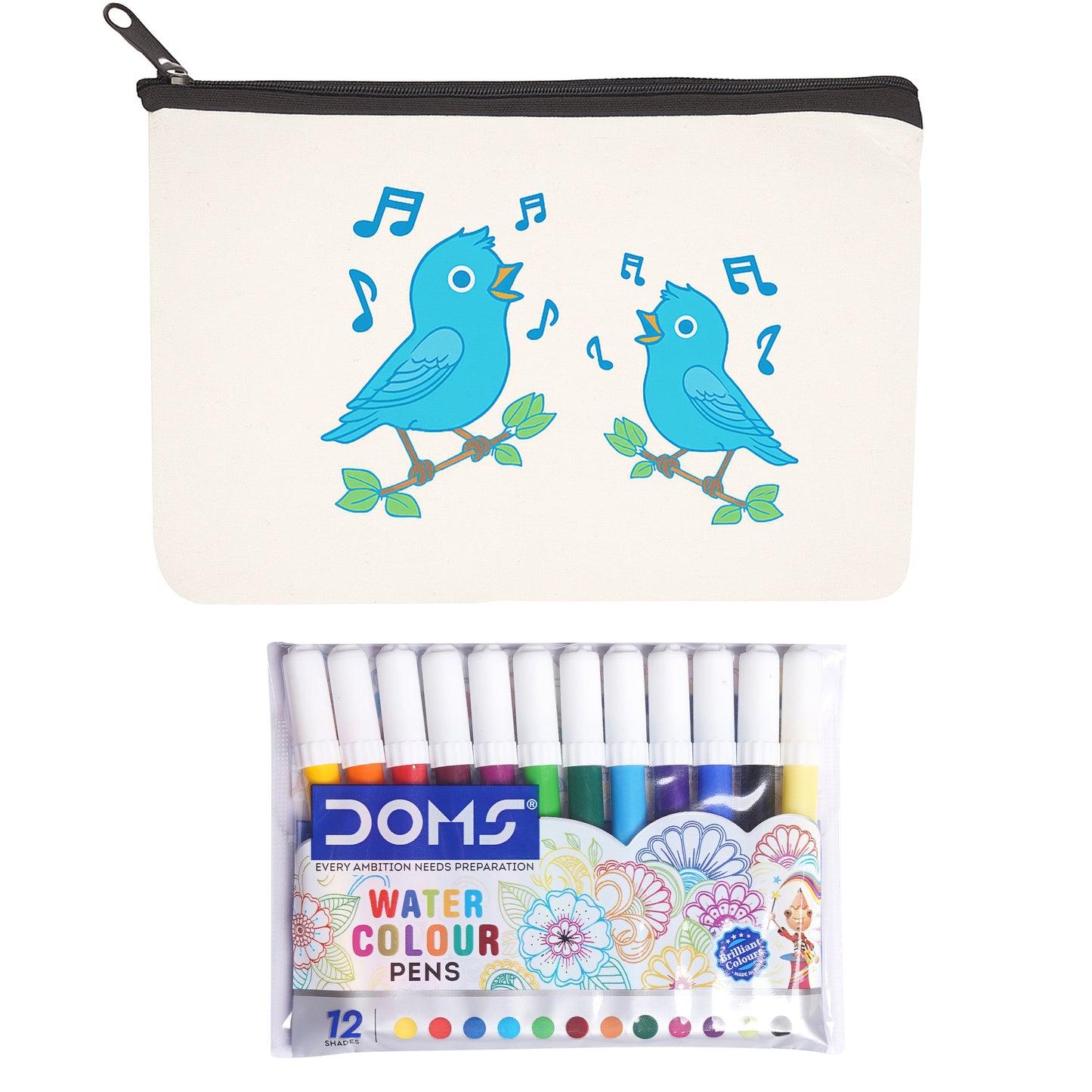 Pencil case with bird design and a pack of DOMS watercolor pens on a white background