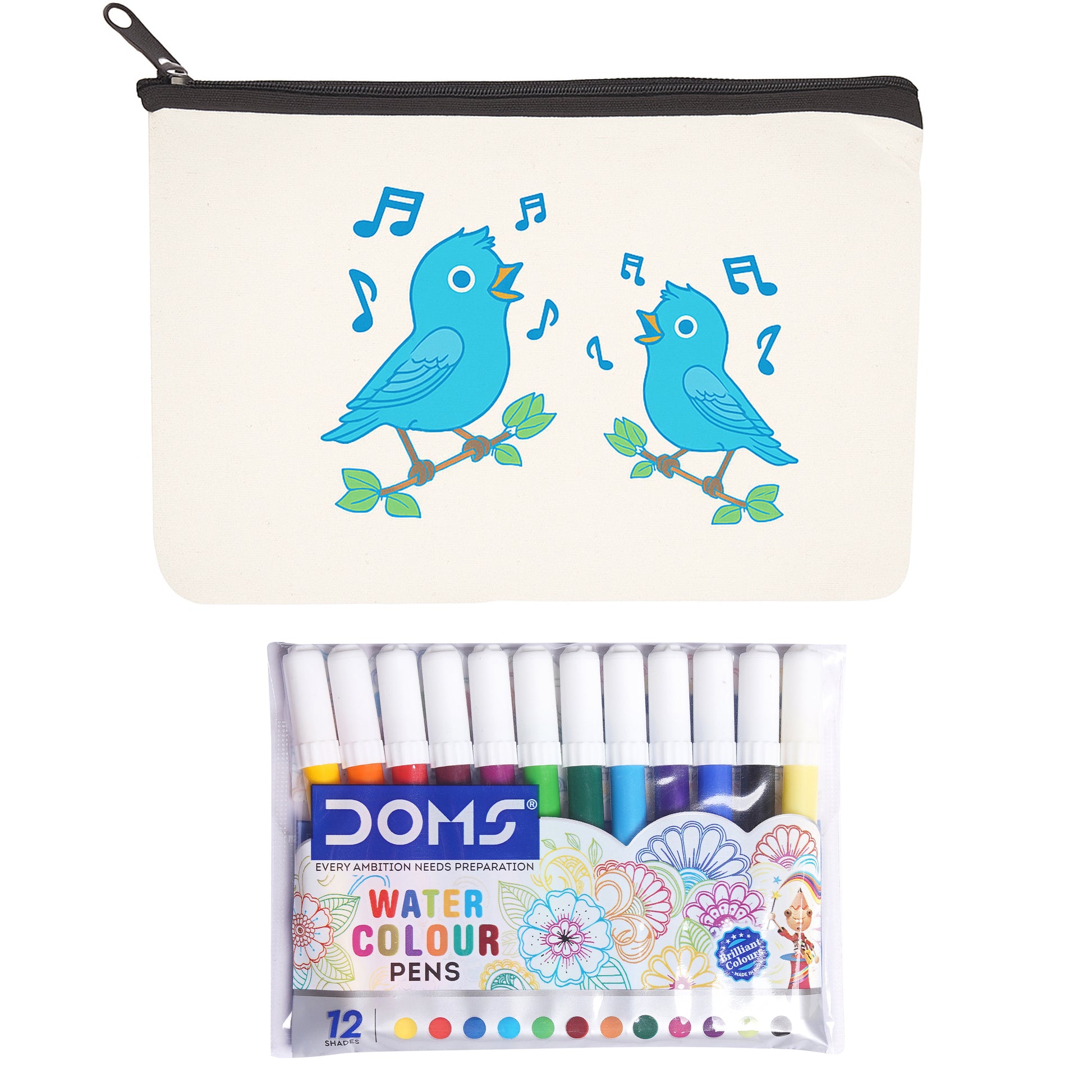 Pencil case with bird design and a pack of DOMS watercolor pens on a white background