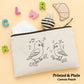 Canvas pouch with bird design on a beige background with colorful letters and a bee toy.