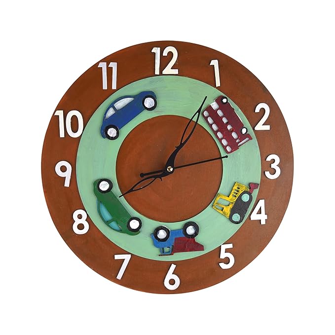 Children's wall clock with colorful car designs on a white background