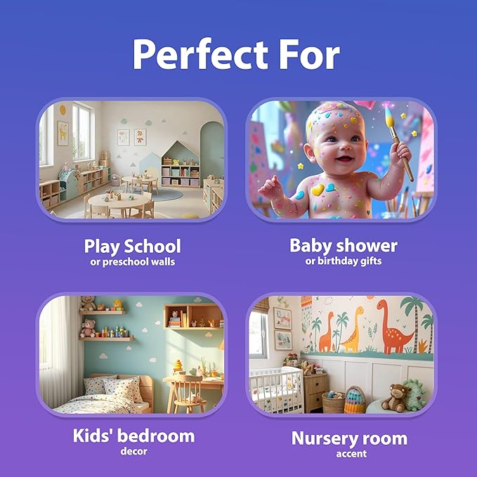Promotional graphic for wall decor with images of a classroom, baby, bedroom, and nursery on a purple background.