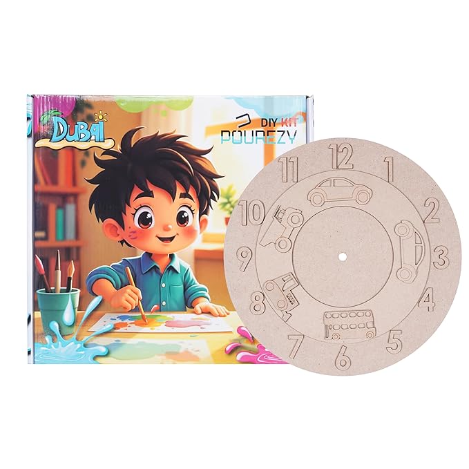 Wooden clock face with numbers and shapes, next to a children's DIY kit packaging featuring a cartoon character.