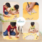 Children engaged in arts and crafts activities with various materials on a yellow table, featuring the brand 'POUREZY'.