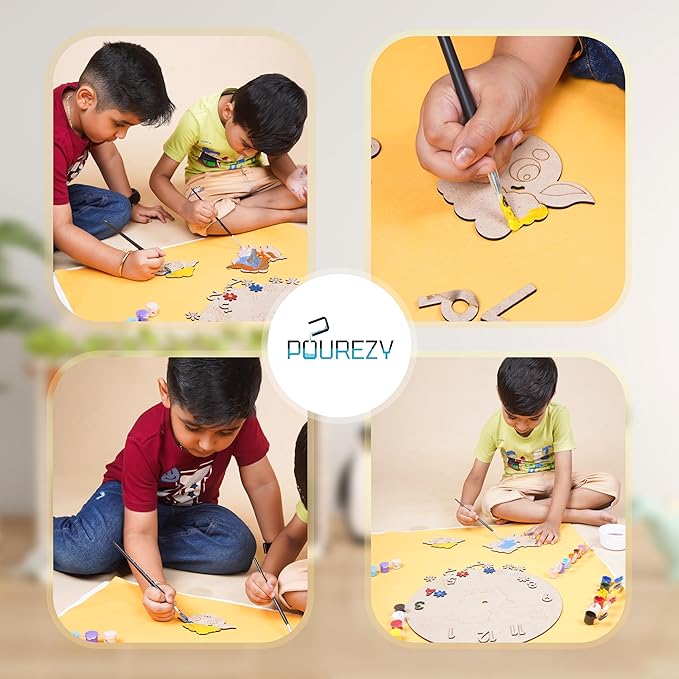 Children engaged in arts and crafts activities with various materials on a yellow table, featuring the brand 'POUREZY'.