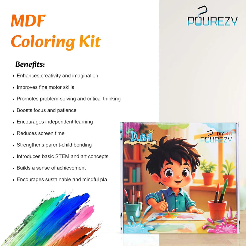 MDF Coloring Kit packaging with a child coloring, featuring the brand 'POUREZY'.