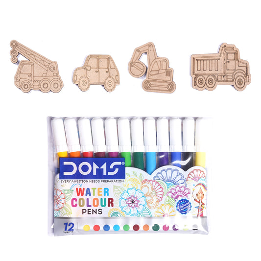 Set of watercolor pens with toy vehicle shapes on a white background