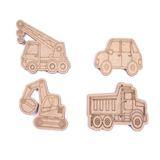 Set of four wooden toy vehicle cutouts on a white background