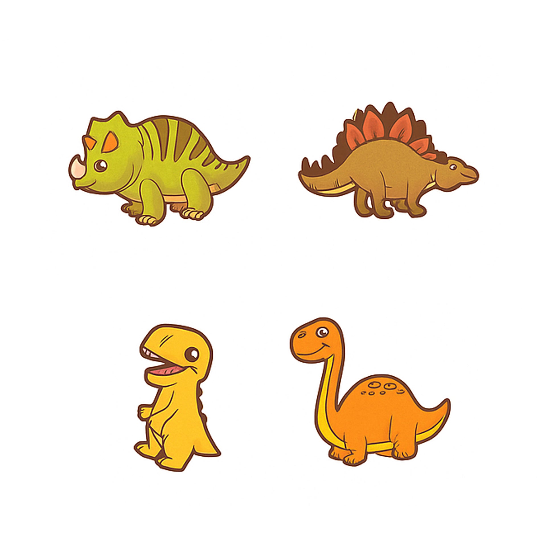 Four cartoon dinosaurs of different colors on a white background