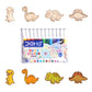 Set of watercolor pens with dinosaur illustrations on a white background