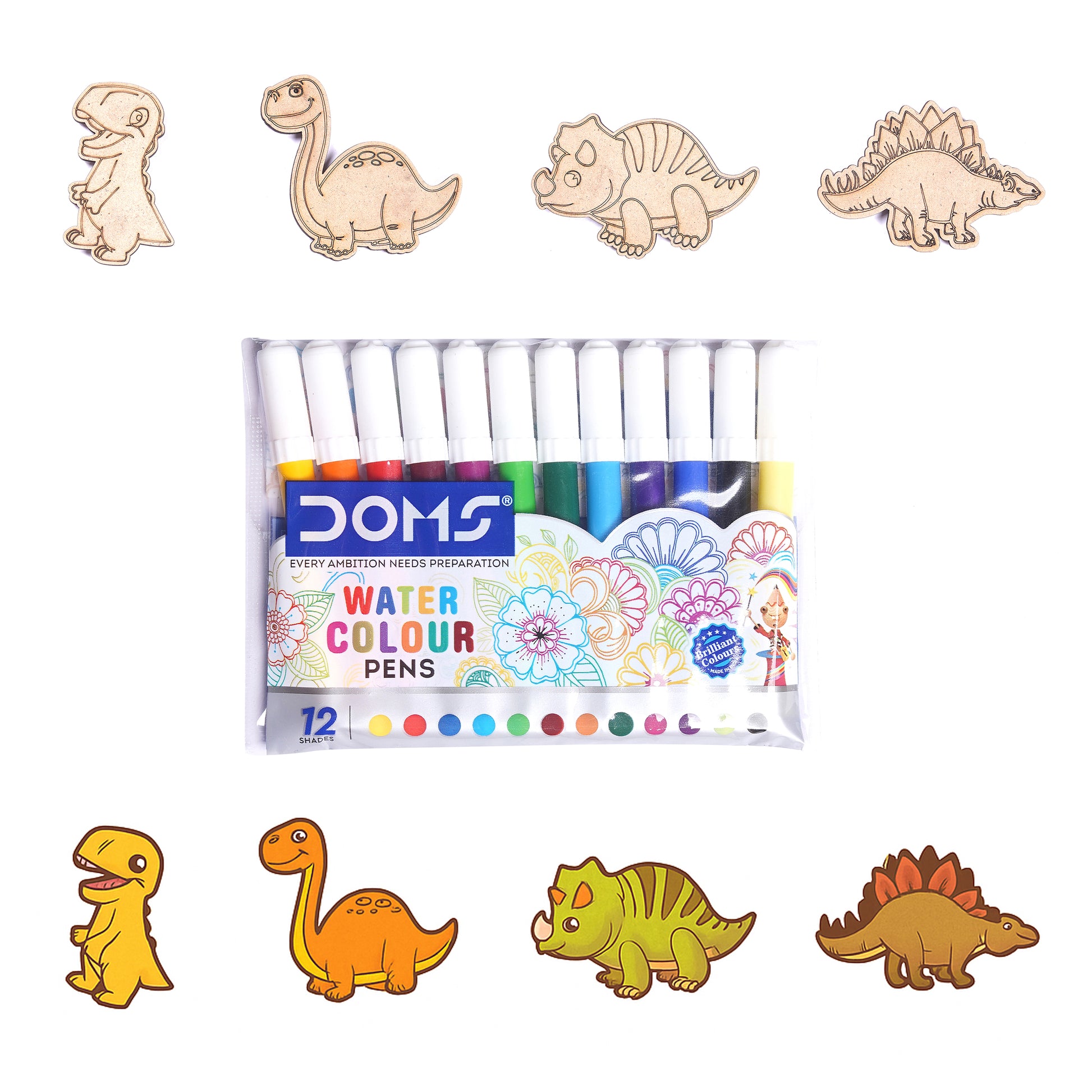 Set of watercolor pens with dinosaur illustrations on a white background