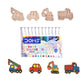 Set of watercolour pens with construction-themed bookmarks on a white background