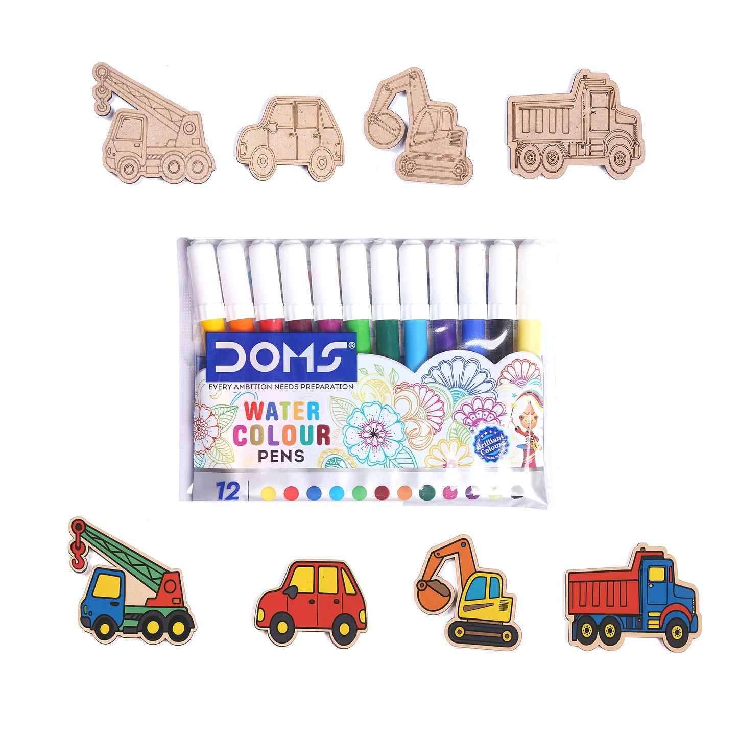 Set of watercolour pens with construction-themed bookmarks on a white background