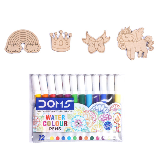 Set of watercolor pens with decorative wooden stamps on a white background