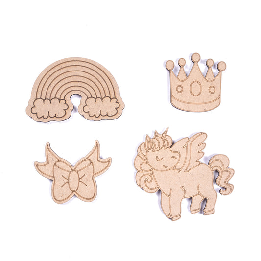 Set of wooden cutouts including a rainbow, cloud, crown, bow, and unicorn on a white background.