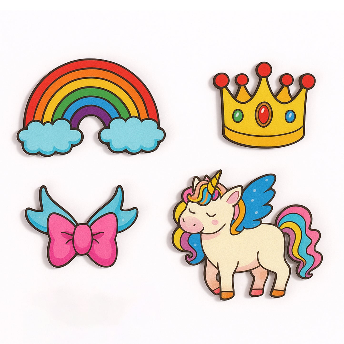 Set of colorful stickers including a rainbow, crown, bow, and unicorn on a white background