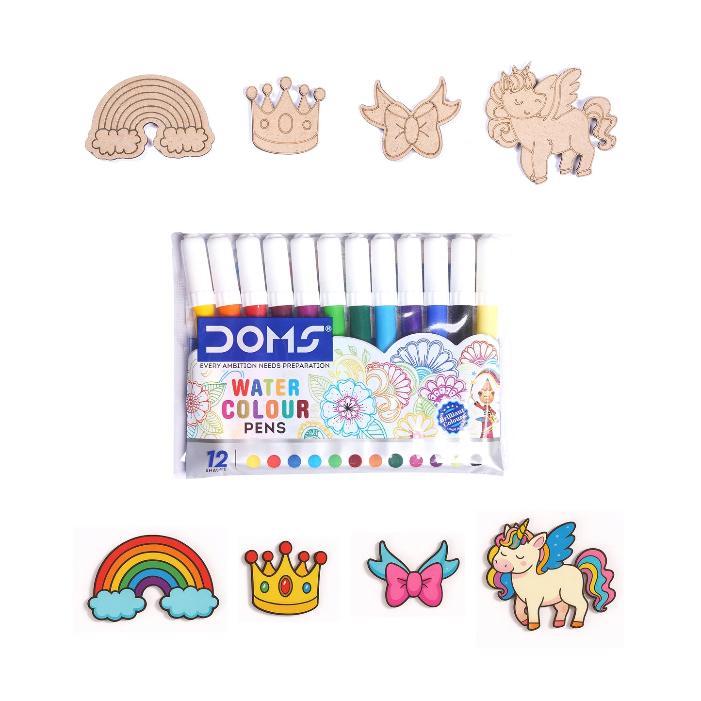 Set of watercolor pens with decorative pins on a white background