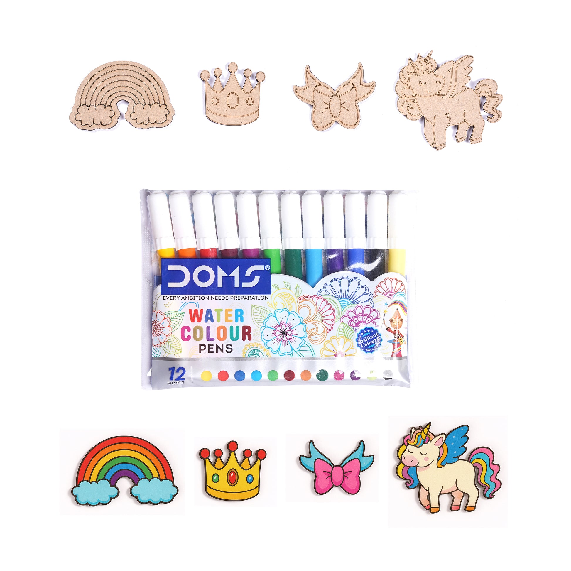 Set of watercolor pens with decorative pins on a white background