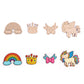 Set of wooden cutouts with rainbow, crown, bow, and unicorn designs on a white background.