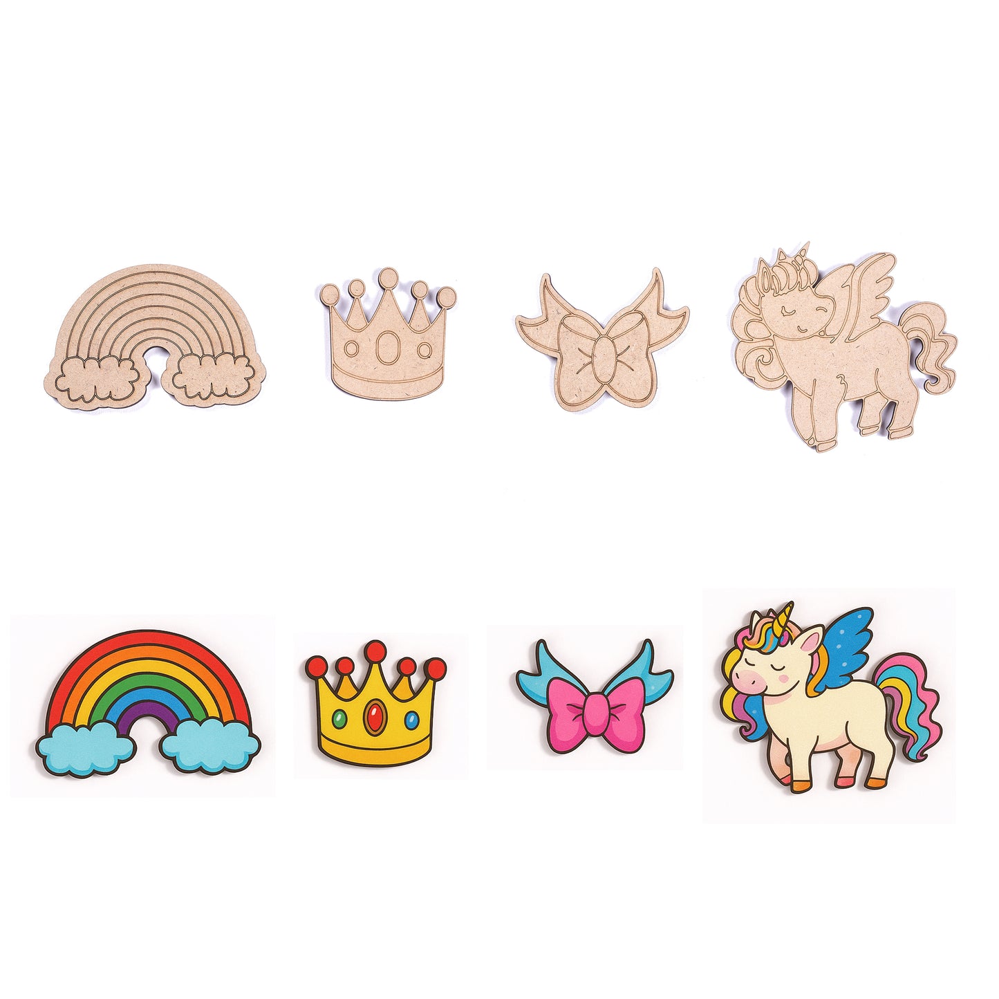 Set of wooden cutouts with rainbow, crown, bow, and unicorn designs on a white background.