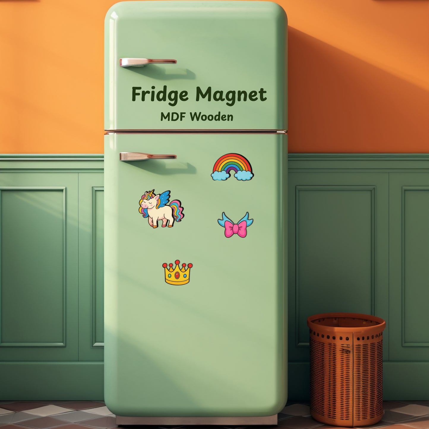 Green refrigerator with colorful magnets against an orange wall.