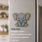 Gray elephant-shaped magnet on a refrigerator with usage ideas listed.